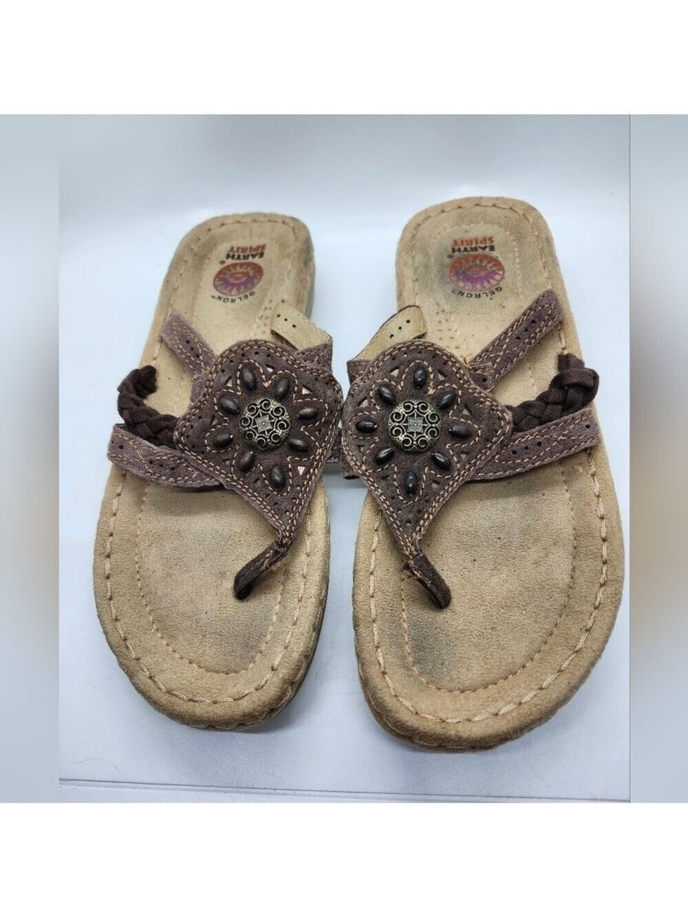 Earth Spirit Brown and Cream Leather Sandals with Floral Accents Sz 7/38